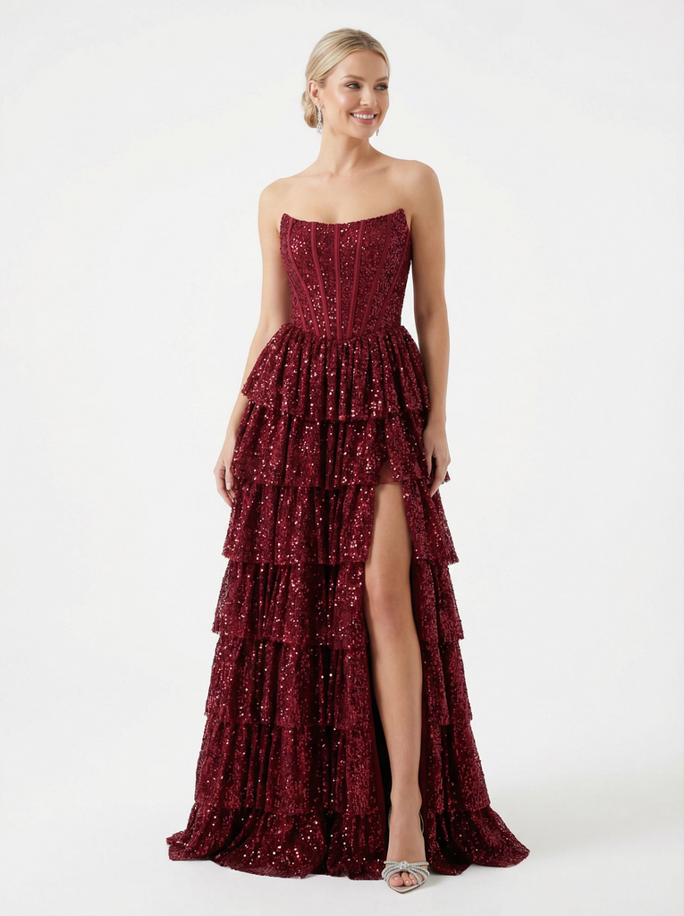 Unique Strapless Prom Dress Sequin Tiered Ruffle High Slit Floor Length Formal Party Gown