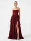 Unique Strapless Prom Dress Sequin Tiered Ruffle High Slit Floor Length Formal Party Gown