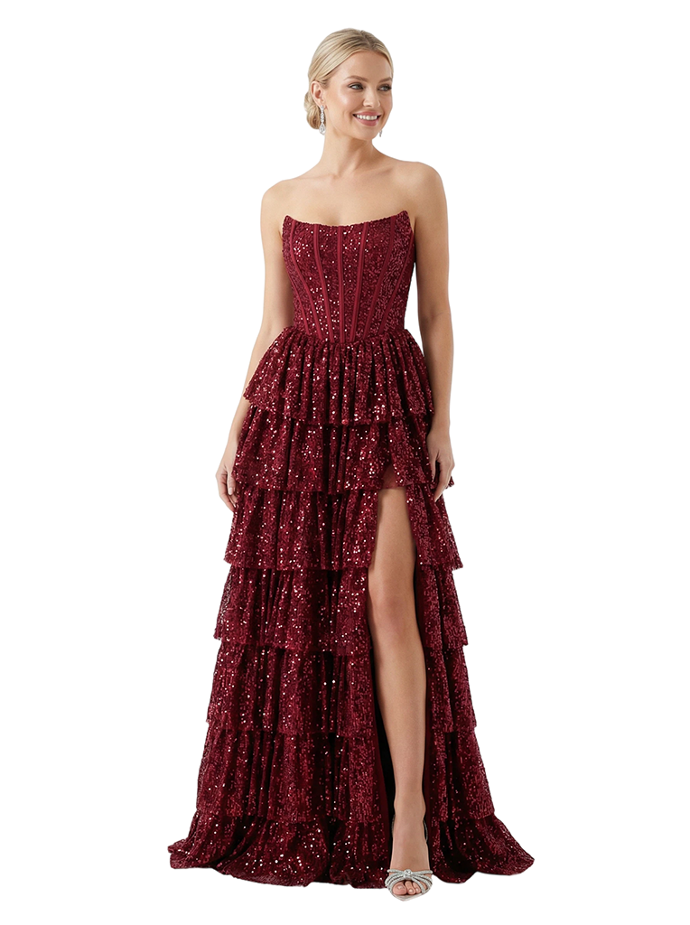 ChicSew Sexy Strapless Corset Prom Dress Sequin Tiered Ruffle Slit Floor Length Formal Evening Gown