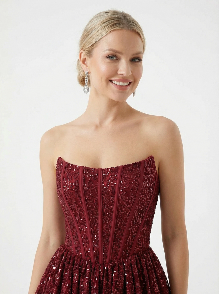 Unique Strapless Prom Dress Sequin Tiered Ruffle High Slit Floor Length Formal Party Gown