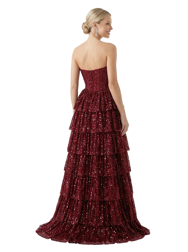 ChicSew Sexy Strapless Corset Prom Dress Sequin Tiered Ruffle Slit Floor Length Formal Evening Gown