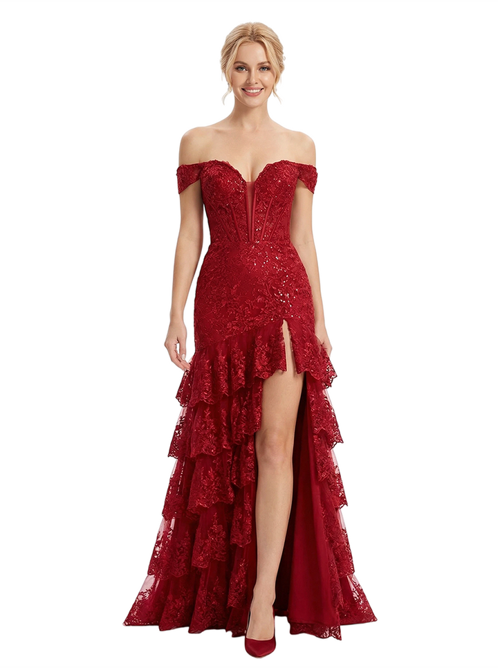 ChicSew Fancy Off The Shoulder Sweetheart Prom Dress Lace Sequin Tiered Tulle Mermaid Silhouette Floor Length Formal Wear