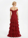 Sexy Off The Shoulder Prom Dress High Slit Tiered Lace Ruffle Floor Length Evening Gown
