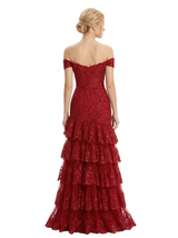 ChicSew Fancy Off The Shoulder Sweetheart Prom Dress Lace Sequin Tiered Tulle Mermaid Silhouette Floor Length Formal Wear