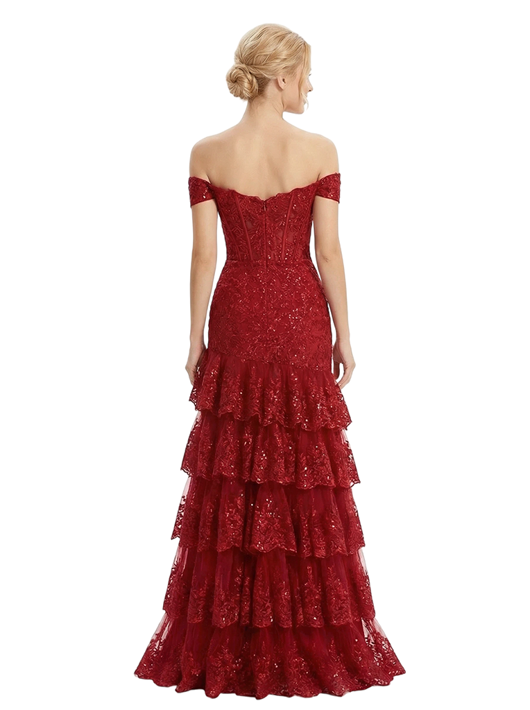 ChicSew Fancy Off The Shoulder Sweetheart Prom Dress Lace Sequin Tiered Tulle Mermaid Silhouette Floor Length Formal Wear