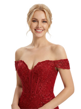 ChicSew Fancy Off The Shoulder Sweetheart Prom Dress Lace Sequin Tiered Tulle Mermaid Silhouette Floor Length Formal Wear