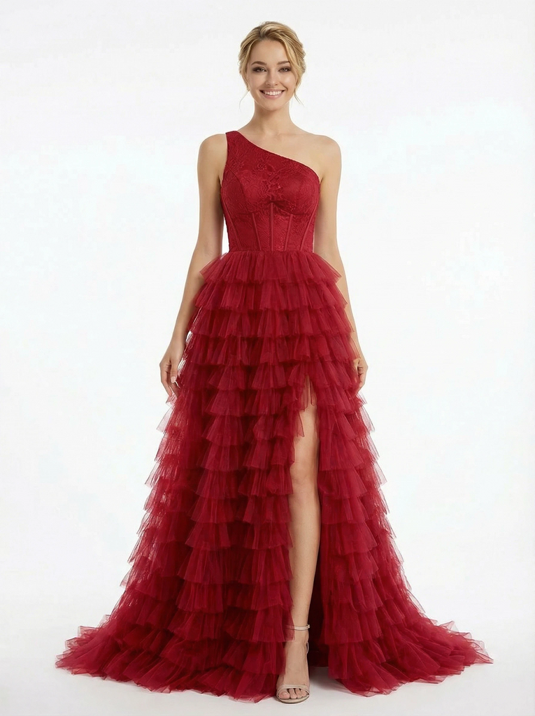 Modern One Shoulder Prom Dress Tiered Ruffle Tulle A-Line Floor Length Evening Gown