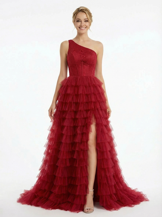 Modern One Shoulder Prom Dress Tiered Ruffle Tulle A-Line Floor Length Evening Gown