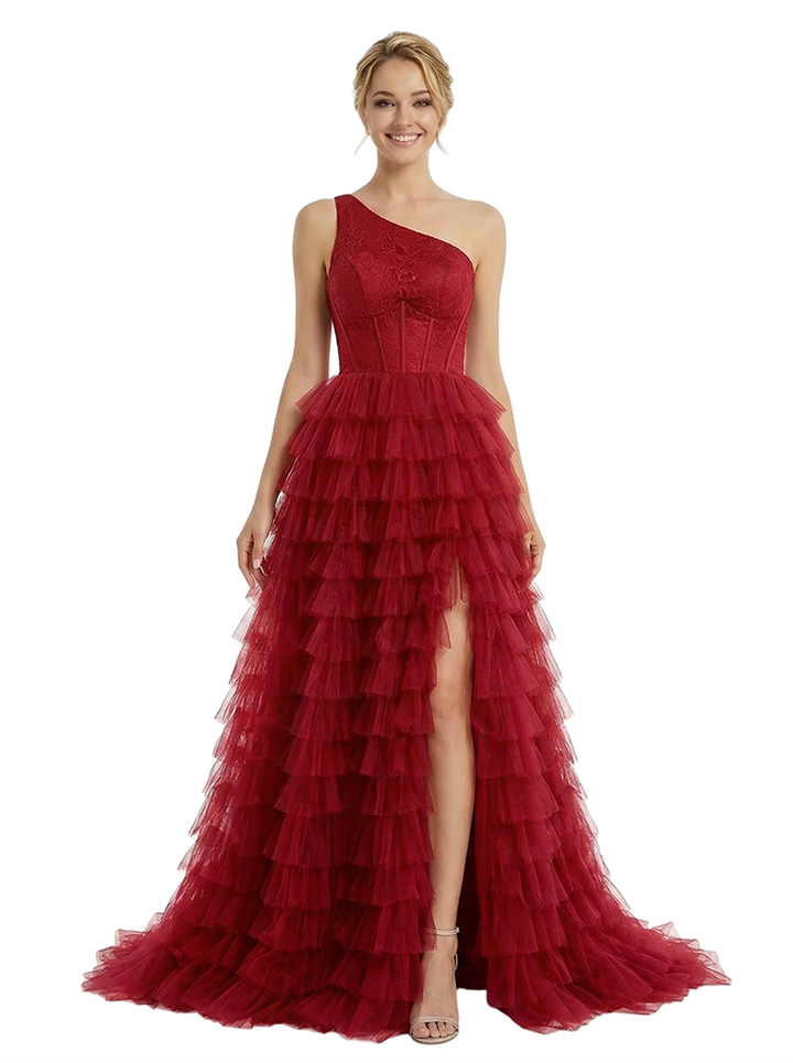 ChicSew Elegant One Shoulder Tiered Ruffles Side Slit Lace Mermaid Formal Prom Ball Gown Dresses