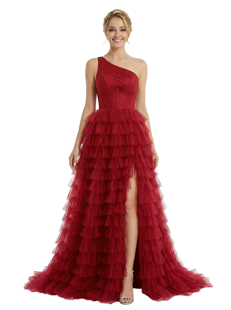 ChicSew Elegant One Shoulder Tiered Ruffles Side Slit Lace Mermaid Formal Prom Ball Gown Dresses