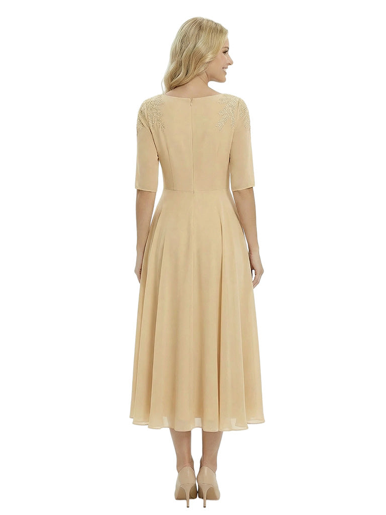 Classy A-Line Tea-Length Long Sleeves Chiffon Maxi Mother Of The Bride Dress
