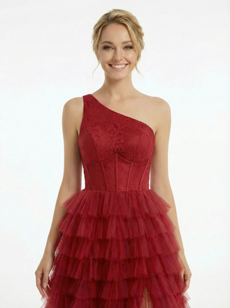 Modern One Shoulder Prom Dress Tiered Ruffle Tulle A-Line Floor Length Evening Gown