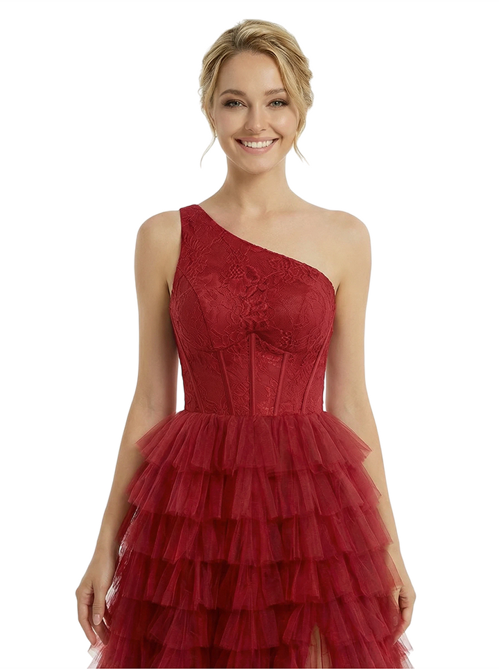 ChicSew Elegant One Shoulder Tiered Ruffles Side Slit Lace Mermaid Formal Prom Ball Gown Dresses