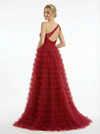 Modern One Shoulder Prom Dress Tiered Ruffle Tulle A-Line Floor Length Evening Gown
