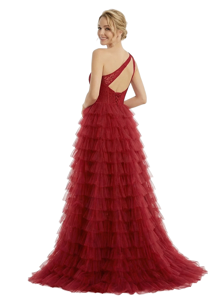 ChicSew Elegant One Shoulder Tiered Ruffles Side Slit Lace Mermaid Formal Prom Ball Gown Dresses