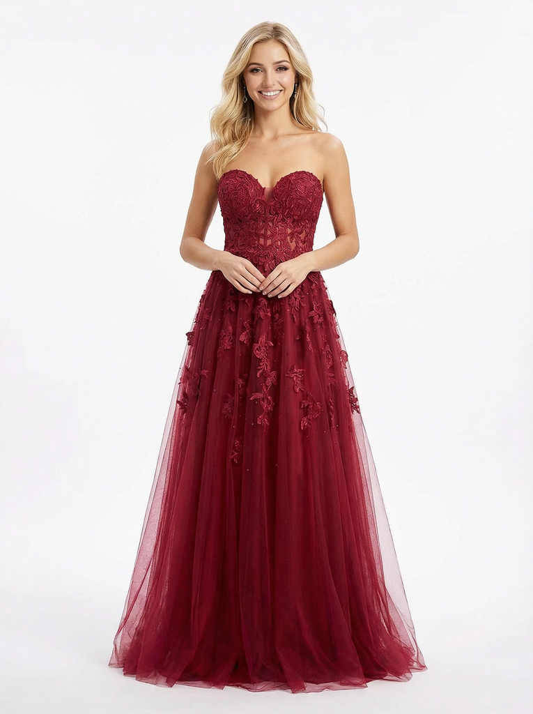 Classy Sweetheart Cut Out Lace Prom Dress Sleeveless A-Line Tulle Formal Party Gown