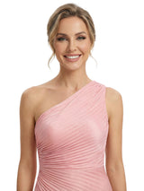 Modern One Shoulder Pleated Chiffon Sheath Sleeveless Maxi Mother Of The Bride Dress