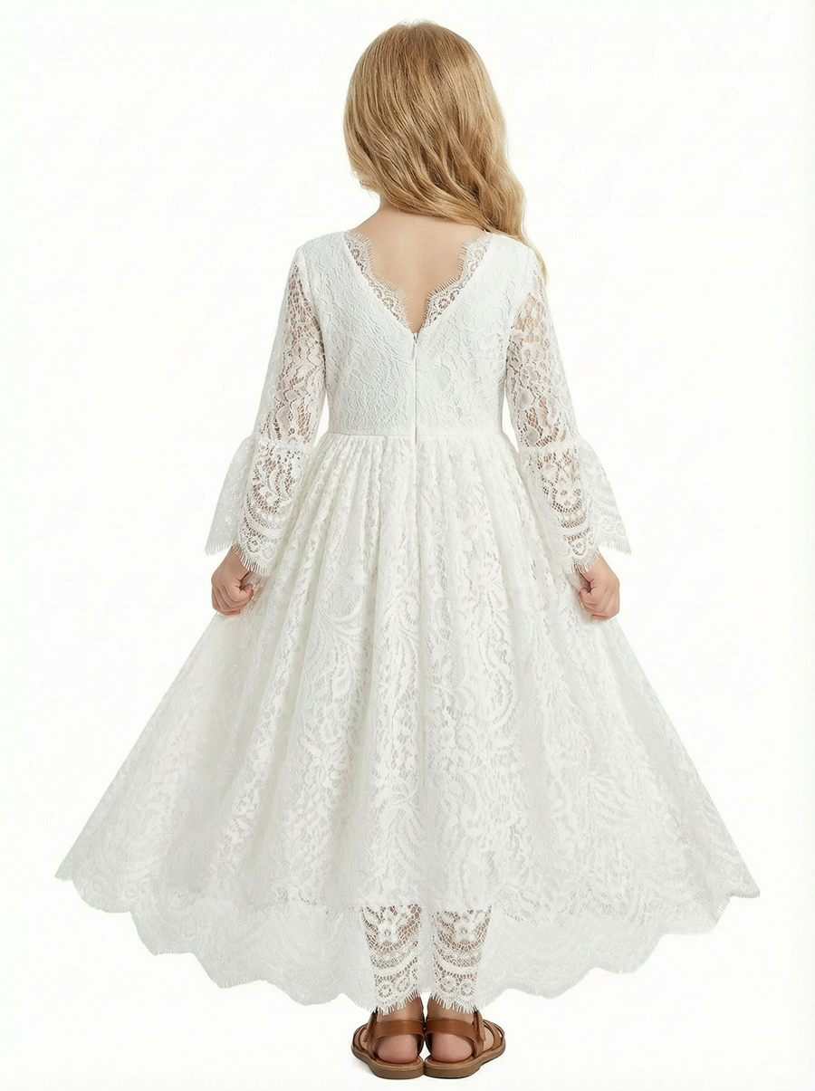 Long Sleeve Lace Flower Girl Dress Round Neck Midi Length A-Line Formal Party Dress