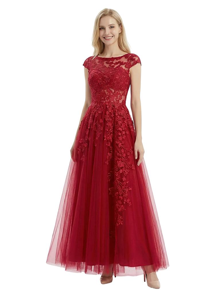 ChicSew Elegant Cap Sleeve Lace Applique A-Line Silhouette Formal Evening Gown