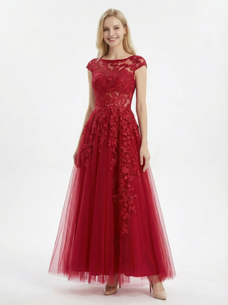 Classy Scoop A-Line Formal Dress with Floral Lace Embroidery and Tulle Skirt