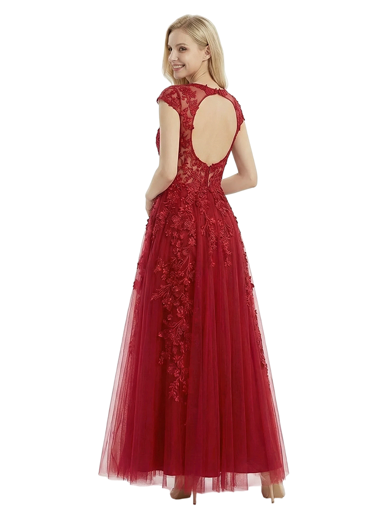 ChicSew Elegant Cap Sleeve Lace Applique A-Line Silhouette Formal Evening Gown