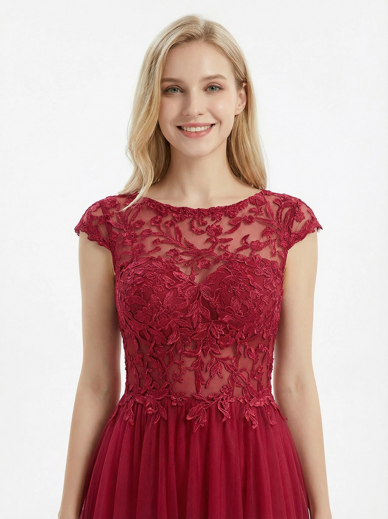 Classy Scoop A-Line Formal Dress with Floral Lace Embroidery and Tulle Skirt