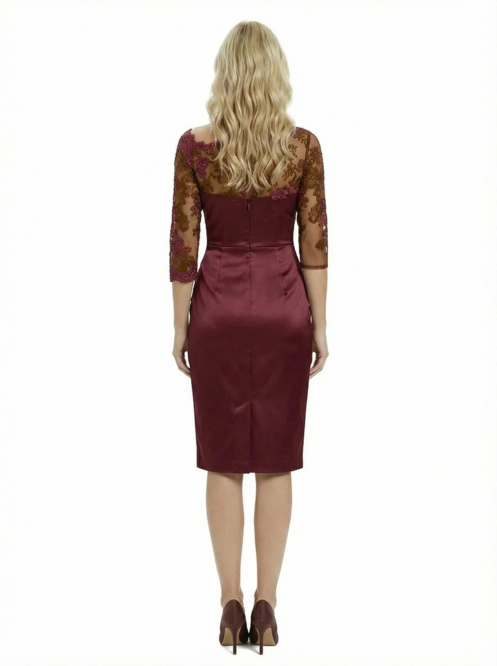 Chicsew Classy Satin Sheath Mother Of The Bride Dress With Illusion Lace Neckline And Half Sleeves