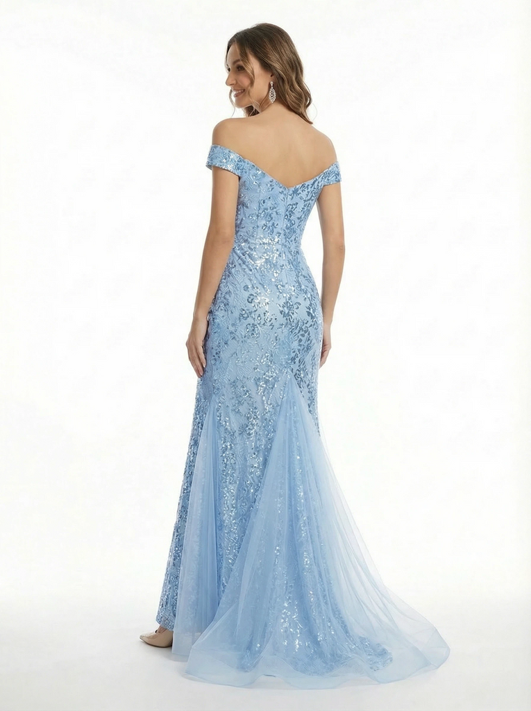 Elegant Off The Shoulder Mermaid Prom Gown with Ruched Lace and Sequined Sparkle