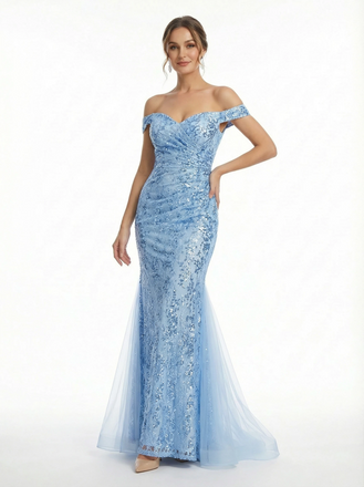 Elegant Off The Shoulder Mermaid Prom Gown with Ruched Lace and Sequined Sparkle
