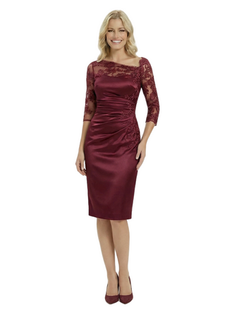 Chicsew Classy Satin Sheath Mother Of The Bride Dress With Illusion Lace Neckline And Half Sleeves