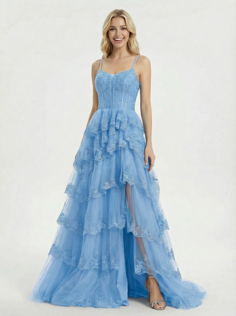 Unique Spaghetti Strap Ruffle A-Line Prom Dress with Lace Corset Bodice and Layered Tulle