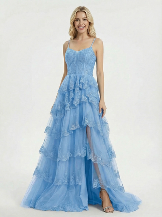 Unique Spaghetti Strap Ruffle A-Line Prom Dress with Lace Corset Bodice and Layered Tulle