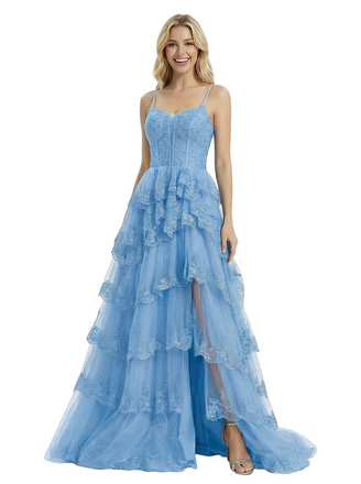 ChicSew Elegant Spaghetti Strap Lace Corset Tiered Tulle Slit Floor Length Formal Evening Gown