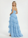 Unique Spaghetti Strap Ruffle A-Line Prom Dress with Lace Corset Bodice and Layered Tulle