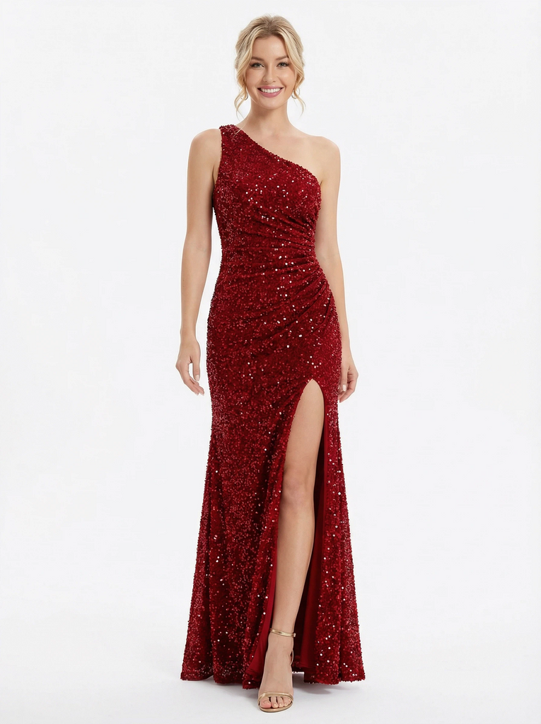 Sexy One Shoulder Sequin Mermaid Evening Dress with High Slit and Ruched Bodycon Silhouette