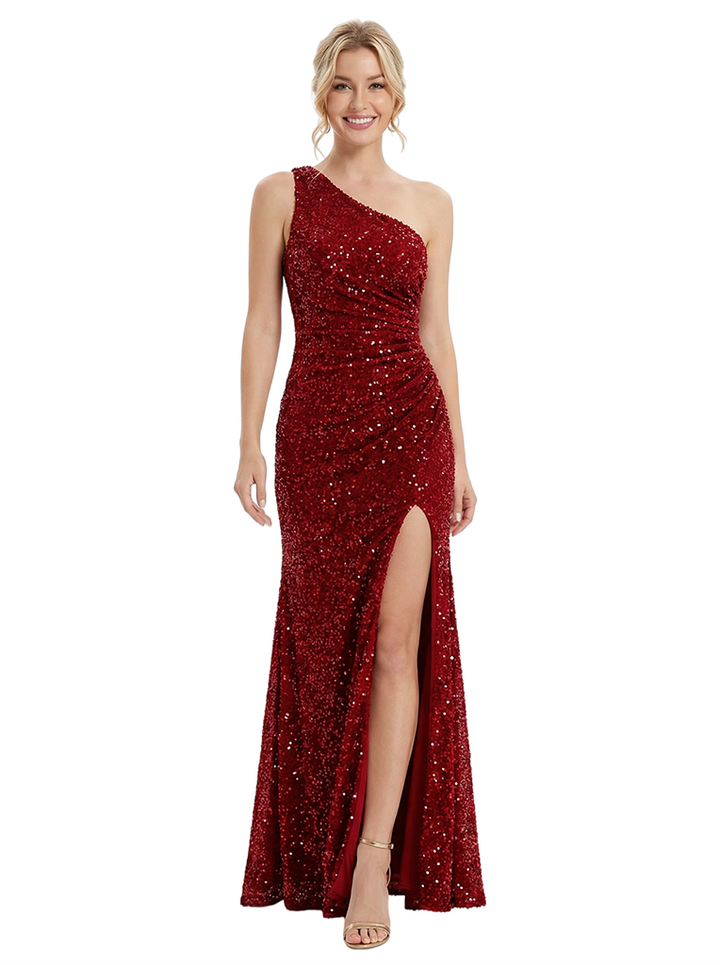ChicSew Elegant One Shoulder Sleeveless Sequin Side Slit Sheath Formal Prom Dresses