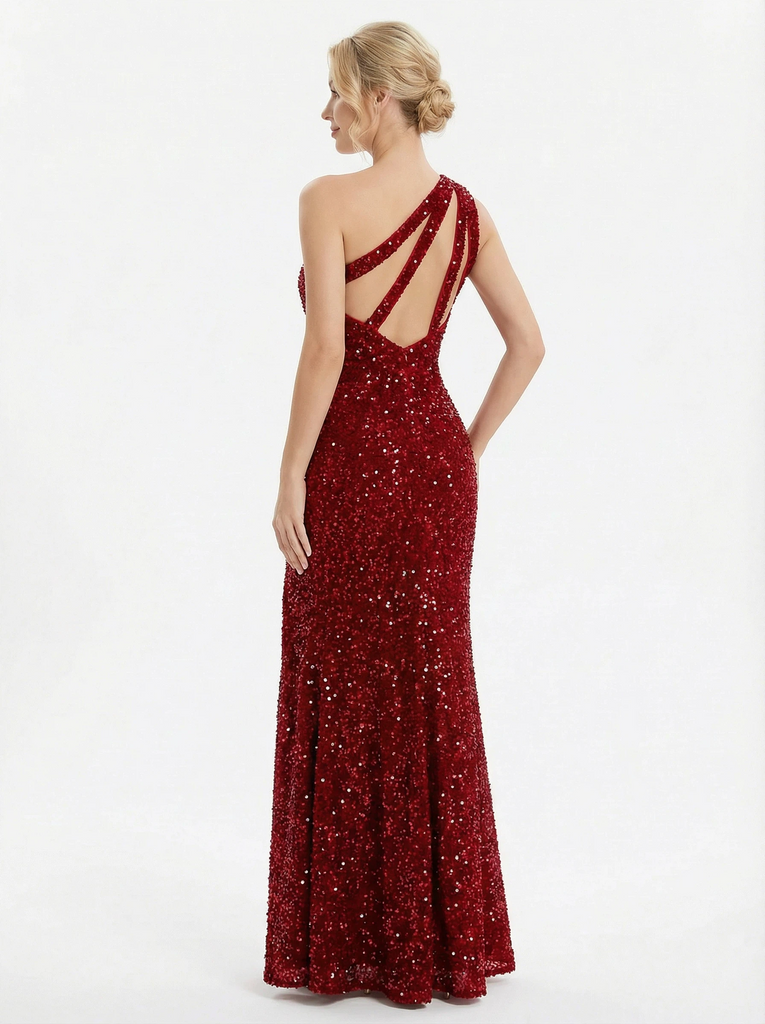 Sexy One Shoulder Sequin Mermaid Evening Dress with High Slit and Ruched Bodycon Silhouette