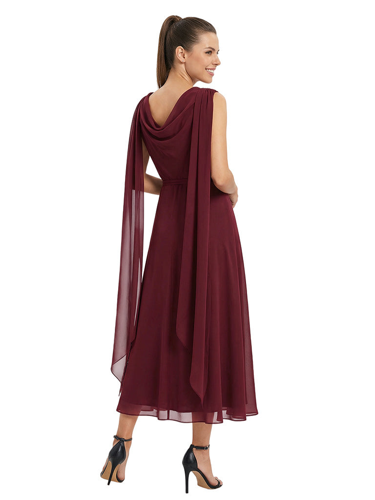 Sophisticated Jewel Tea-Length Mother of The Bride Gown With Chiffon Capelet