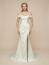 Mermaid Off Shoulder Side Slit Ruched Maxi Long Satin Wedding Dresses Online