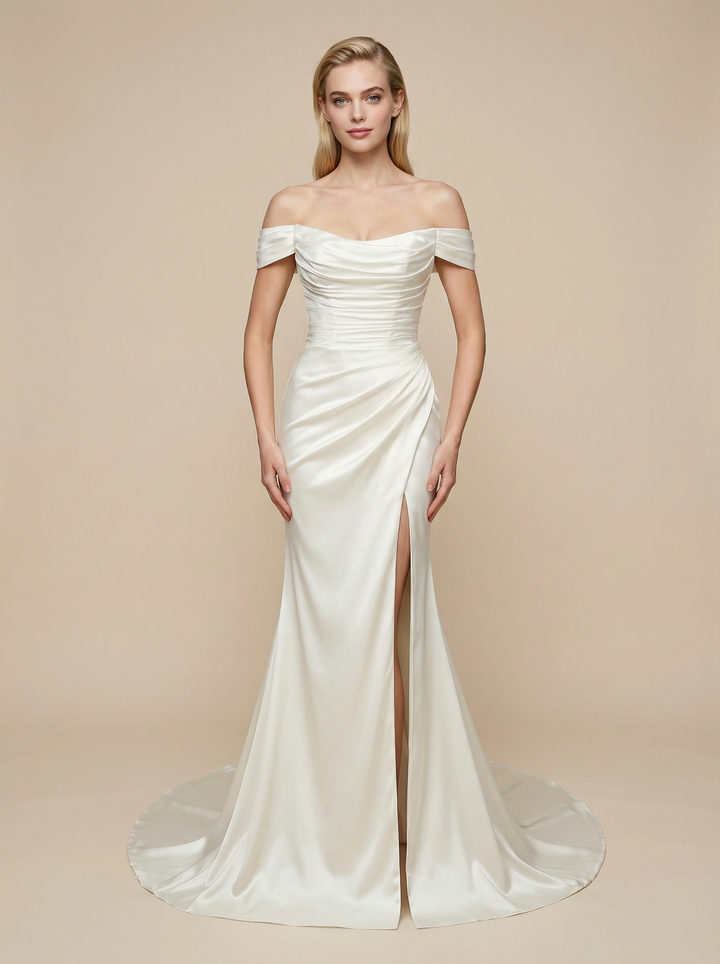 Mermaid Off Shoulder Side Slit Ruched Maxi Long Satin Wedding Dresses Online