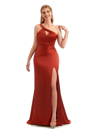 One Shoulder Mermaid Side Split Satin Unique Long Bridesmaid Dresses Online