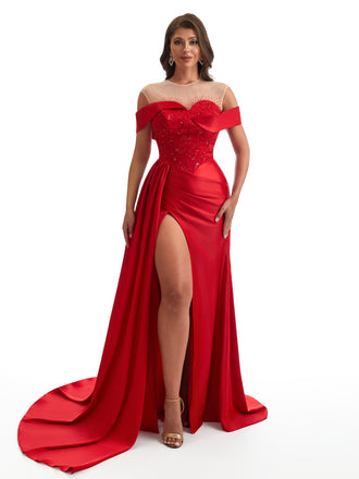 Sexy Off The Shoulder Illusion Side Slit Mermaid Satin Ruched Unique Long Bridesmaid Dresses