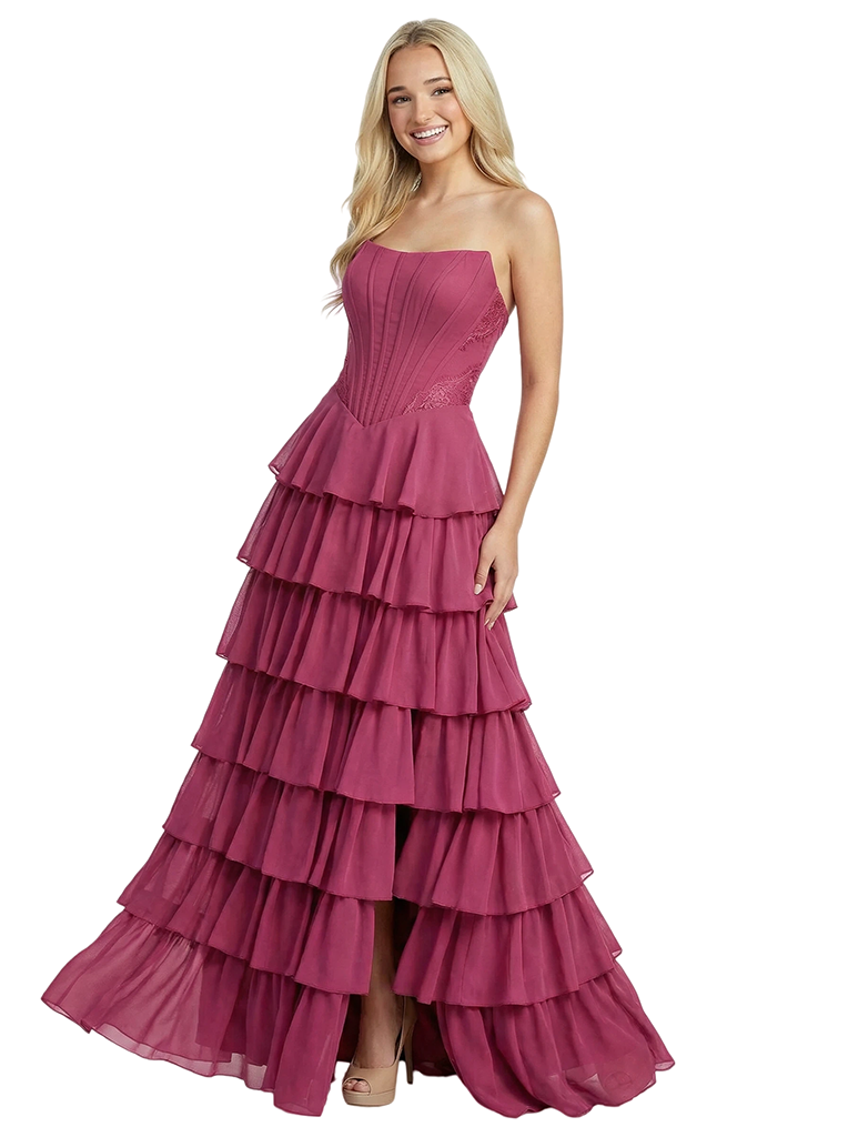 Elegant Strapless Boning Tiered Ruffles A-Line Chiffon Prom Dress