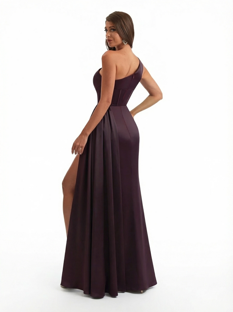 Sexy Ruched Satin One Shoulder Boning Mermaid Long Evening Formal Dresses Side Slit