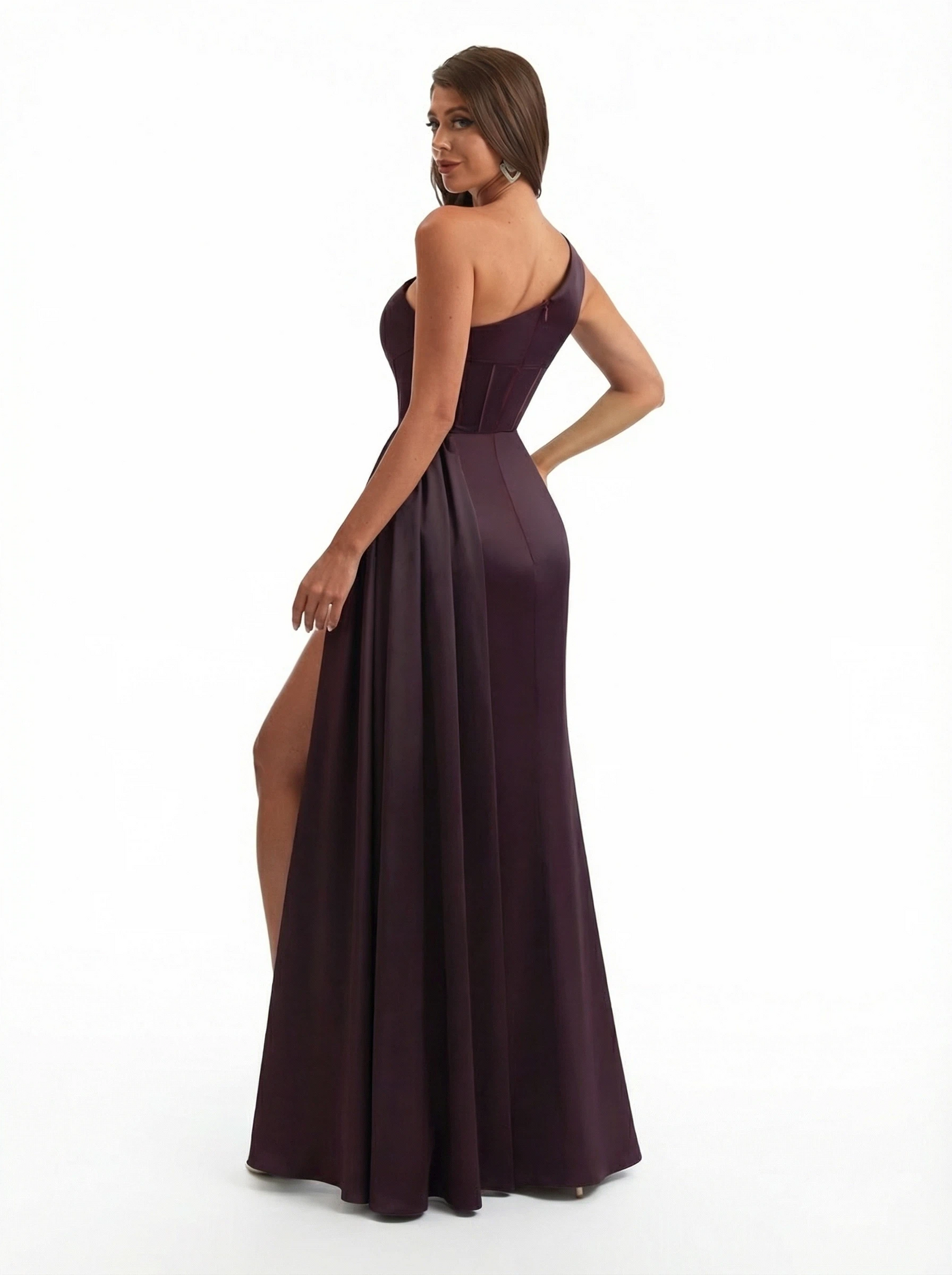 Sexy Ruched Satin One Shoulder Boning Mermaid Long Evening Formal Dresses Side Slit