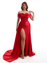 Sexy Off The Shoulder Illusion Side Slit Mermaid Satin Ruched Unique Long Bridesmaid Dresses