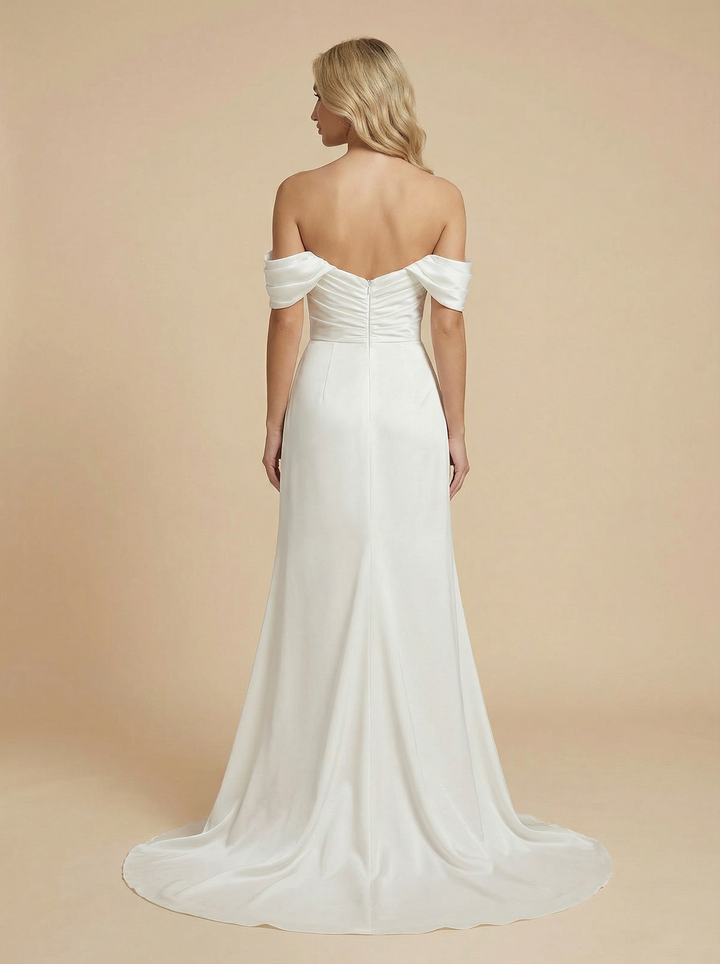 Mermaid Off Shoulder Side Slit Ruched Maxi Long Satin Wedding Dresses Online