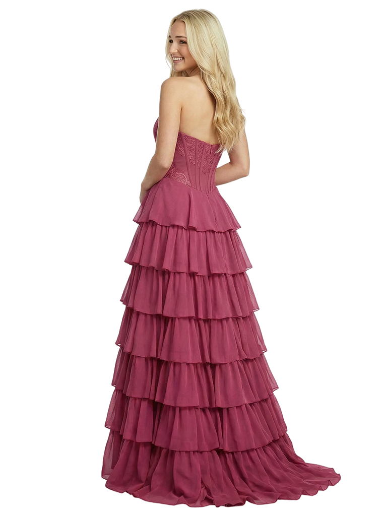Elegant Strapless Boning Tiered Ruffles A-Line Chiffon Prom Dress