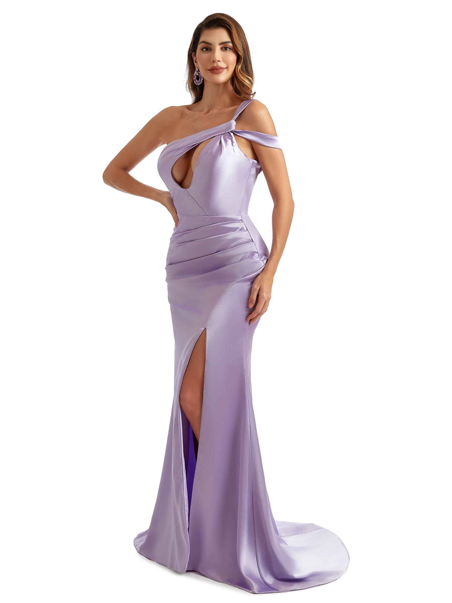 Sexy One Shoulder Mermaid Stretch Satin Bridesmaid Dresses Slit Online