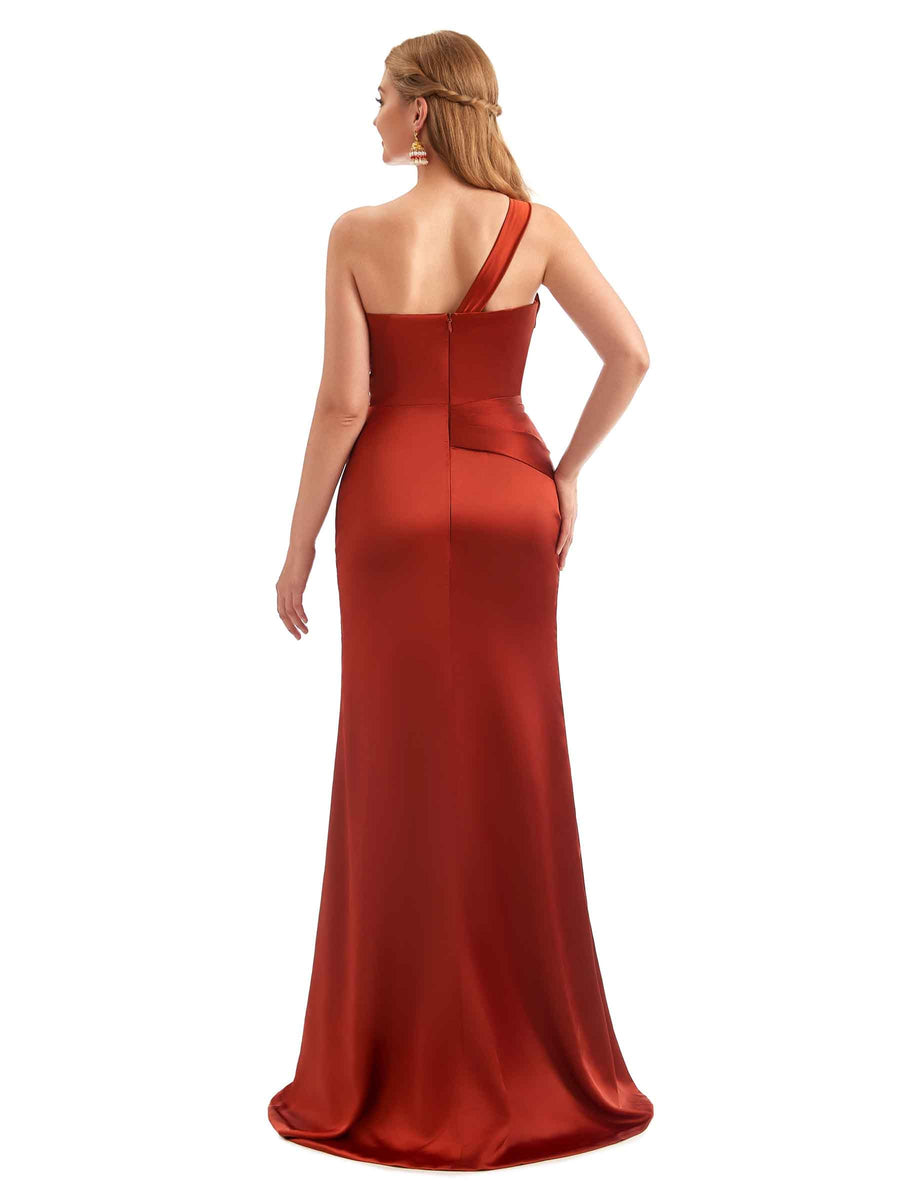 Unique Spring Long One Shoulder Satin Bridesmaid Dresses